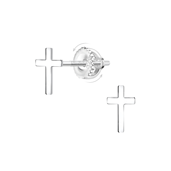 Silver Cross Screw Back Earrings - 23502