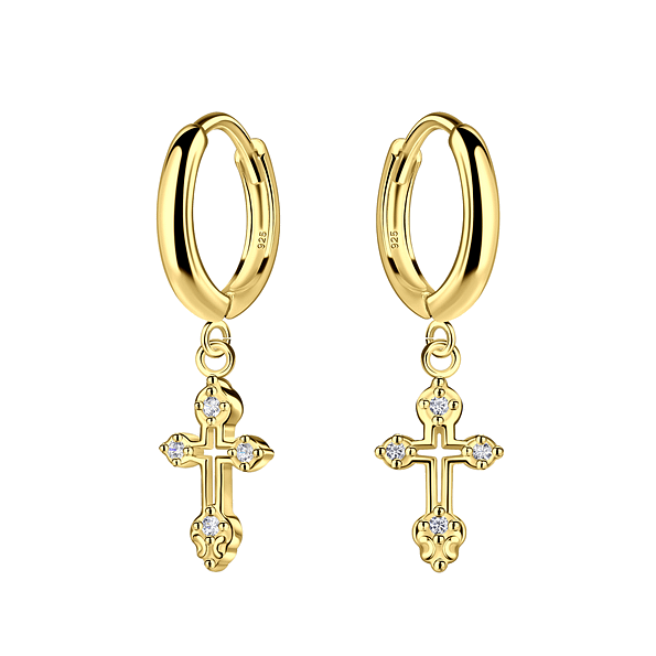 Silver Cross Charm Huggie Earrings - 23555