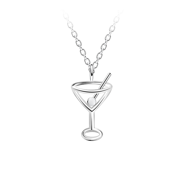 Silver Cocktail Glass Outline Necklace - 23708