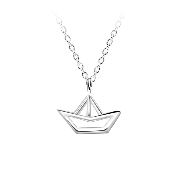 Silver Origami Boat Outline Necklace - 23716