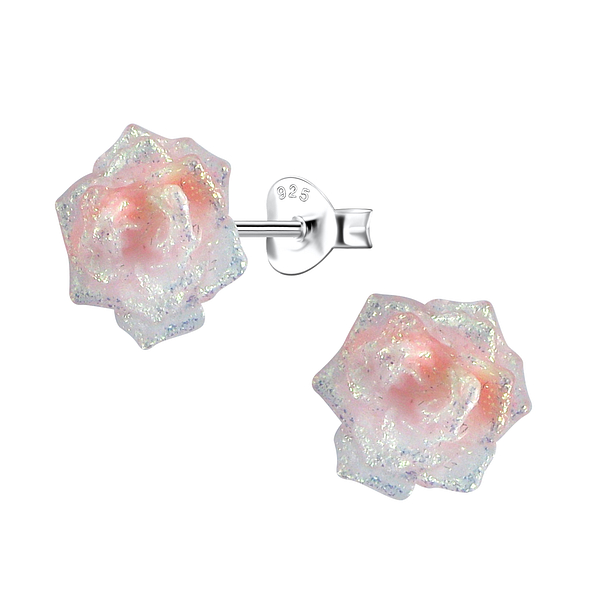 Silver Stud Earrings with Resin Rose - 23746