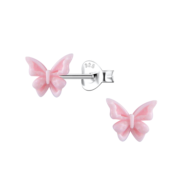 Silver Stud Earrings with Resin Butterfly - 23751