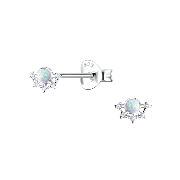 Silver Flower Opal Stud Earrings - 23606