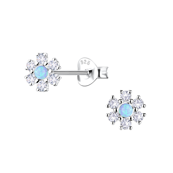Silver Flower Opal Stud Earrings - 23610
