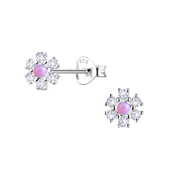 Silver Flower Opal Stud Earrings - 23611