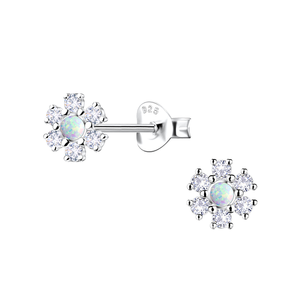 Silver Flower Opal Stud Earrings - 23612 Silver Flower Opal Stud Earrings - 23612
