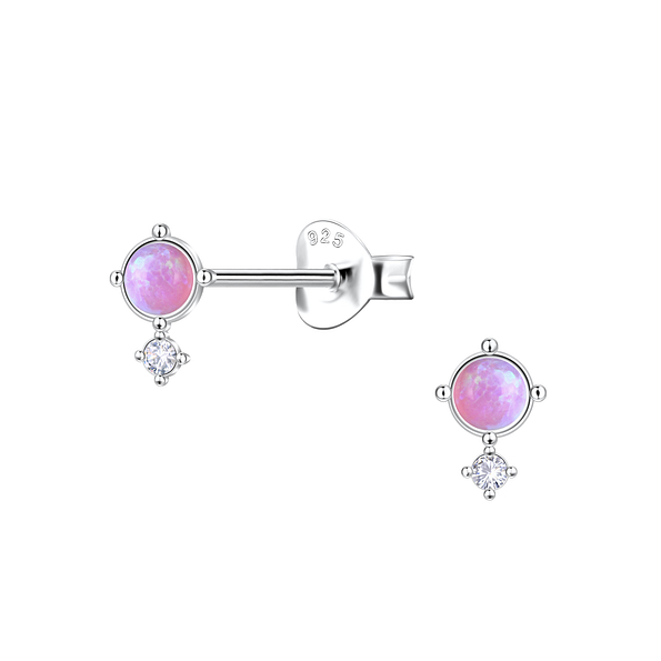 Silver Round Opal Stud Earrings - 23620
