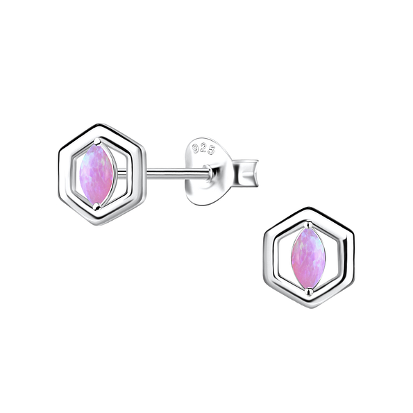Silver Hexagon Opal Stud Earrings - 23645