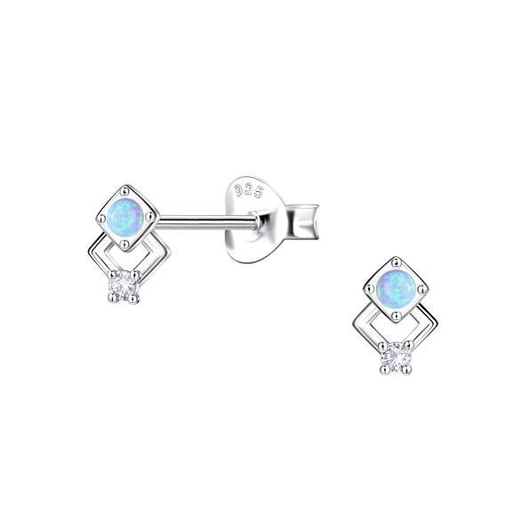 Silver Geometric Opal Stud Earrings - 23649