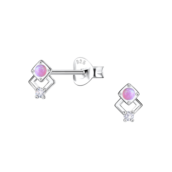 Silver Geometric Opal Stud Earrings - 23647