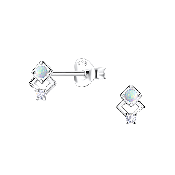 Silver Geometric Opal Stud Earrings - 23648