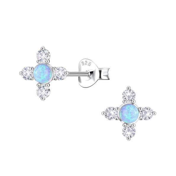 Silver Geometric Opal Stud Earrings - 23669