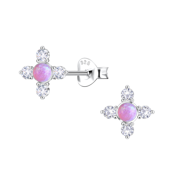 Silver Geometric Opal Stud Earrings - 23670