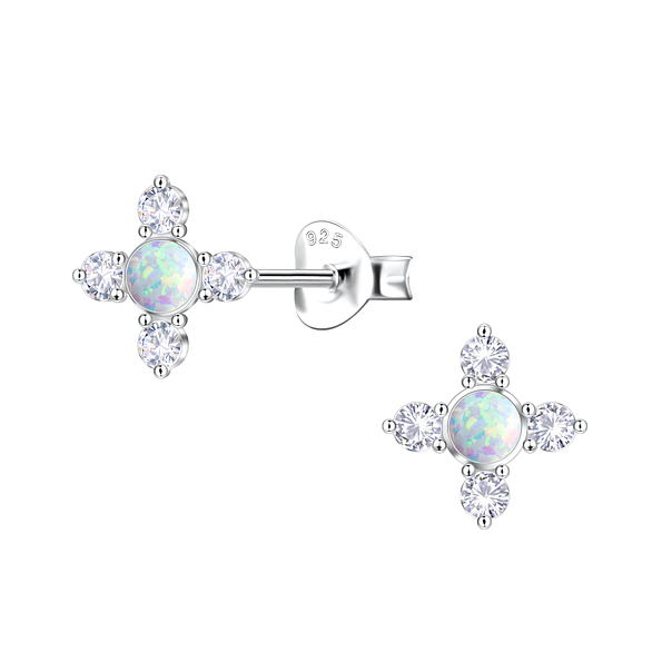 Silver Geometric Opal Stud Earrings - 23671