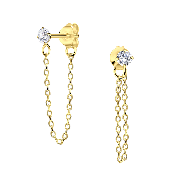 3mm Round Cubic Zirconia Silver Stud Earrings with Chain - 23840