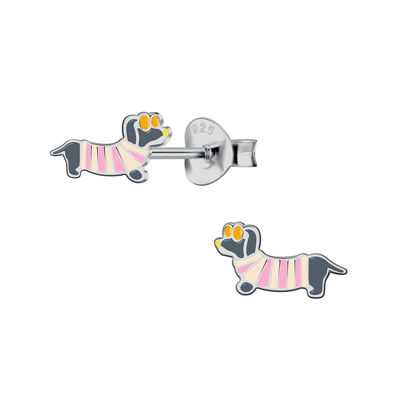 Silver Dachshund Dog Stud Earrings - 24044