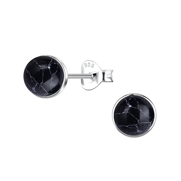 6mm Round Imitation Stone Silver Stud Earrings - 24404