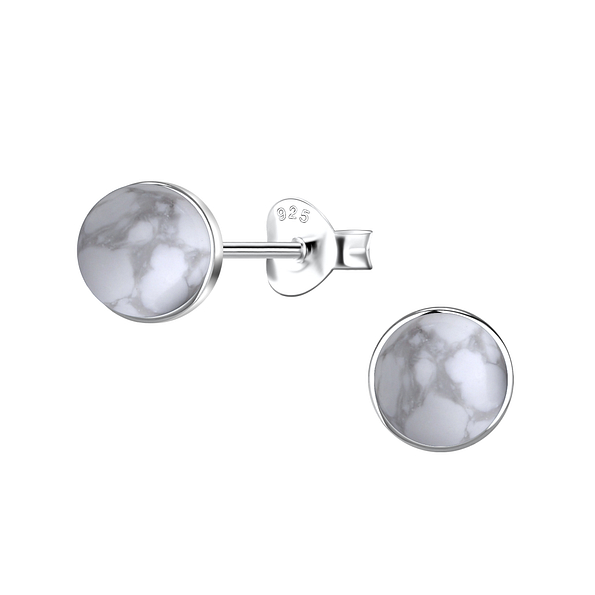 6mm Round Imitation Stone Silver Stud Earrings - 24405