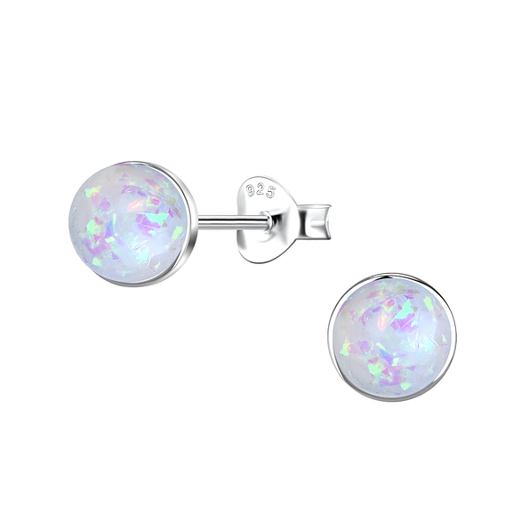 6mm Round Resin Opal Silver Stud Earrings - 24411