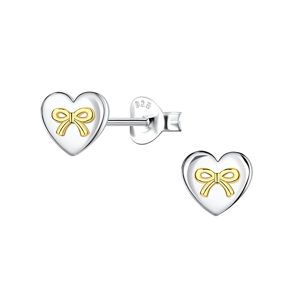 Silver Heart with Bow Stud Earrings - 24355