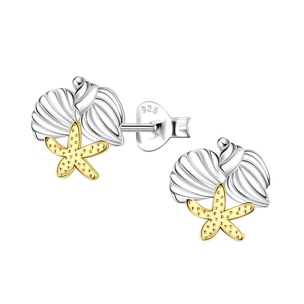 Silver Starfish and Shell Stud Earrings - 24357