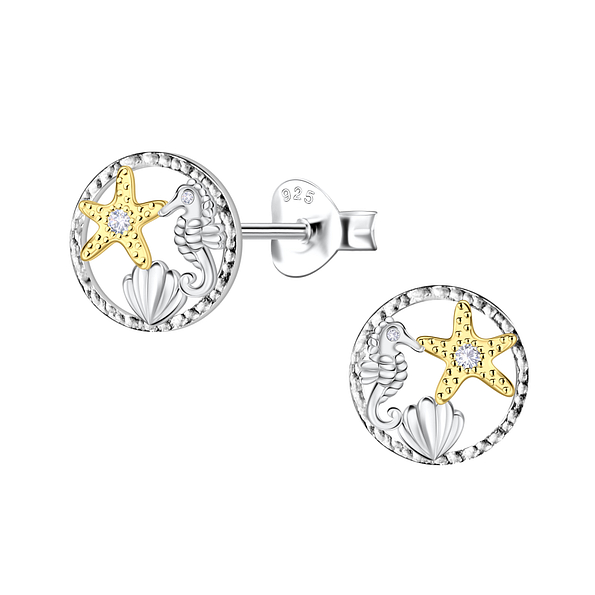 Silver Starfish Seahorse and Shell Stud Earrings - 24361