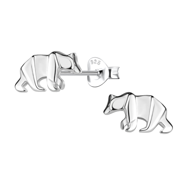 Silver Origami Bear Stud Earrings - 24395