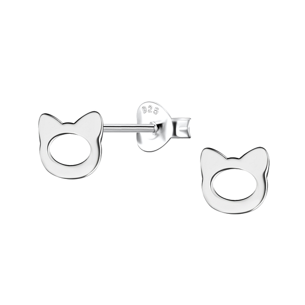 Silver Cat Stud Earrings - 24459