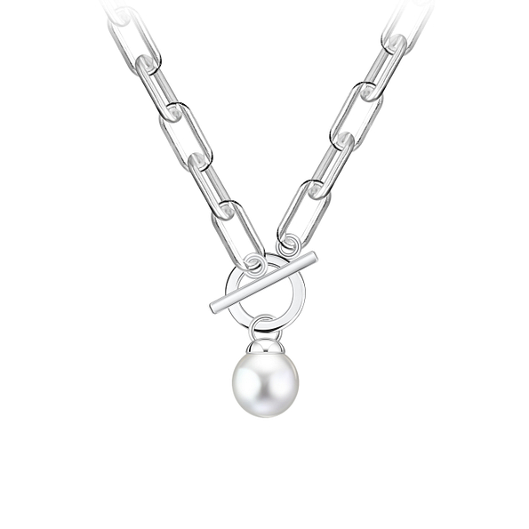 43mm Silver Toggle Square Paperclip Necklace with 6mm Hanging Pearl - 24445