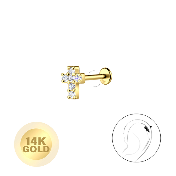 14K Solid Gold - Cross Labret with 3mm Disc - 24670
