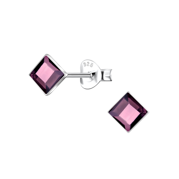 4mm Square Glass Silver Stud Earrings - 24735