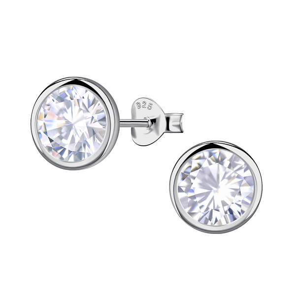 8mm Round Cubic Zirconia Silver Stud Earrings - 24043