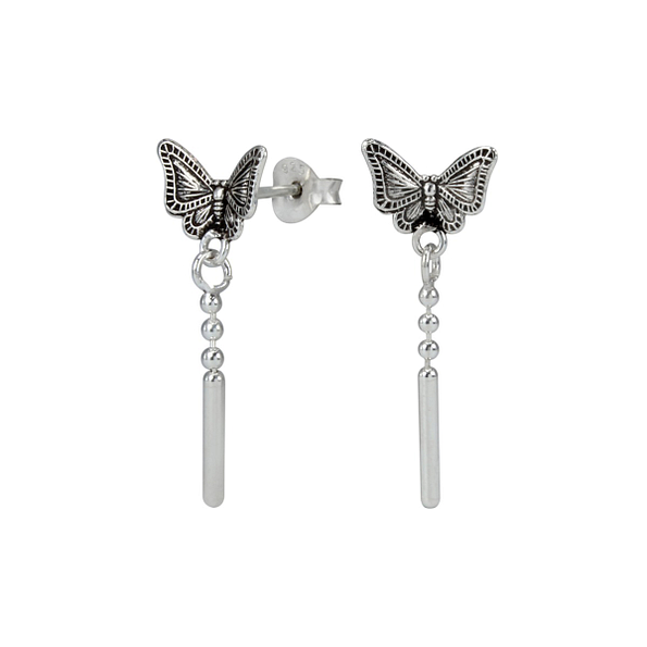 Silver Butterfly Stud Earrings with Hanging Chain - 1252 Silver Butterfly Stud Earrings with Hanging Chain - 1252