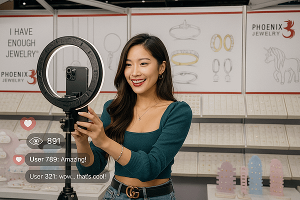 Asian influencer live Streaming at the Phoenix manufacturing booth in Bangkok Gems & jewelry fair Thailand
