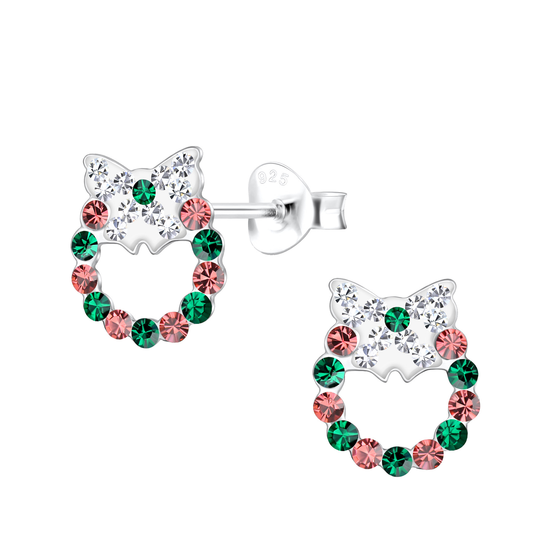 925 Silver Jewelry | Silver Christmas Wreath Stud Earrings - 18018