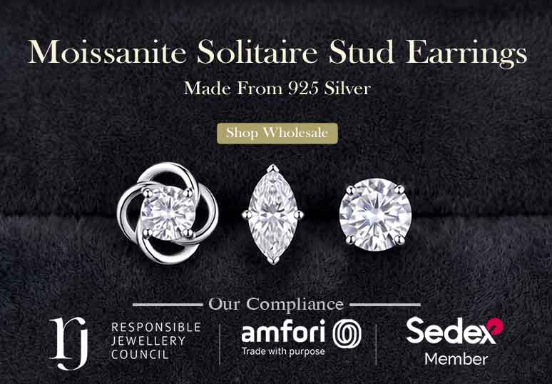 Wholesale moissanite stud earrings in 925 silver for jewelry businesses, featuring round, pear, marquise and flower-set solitaire designs