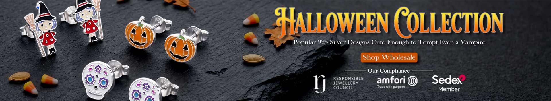 Wholesale Halloween 925 silver stud earrings with pumpkins, witches and skulls from 925SilverJewelry by Phoenix Manufacturing, available with bulk discounts.