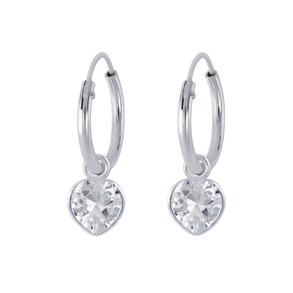 Wholesale 4mm Heart Cubic Zirconia Silver Charm Hoop Earrings