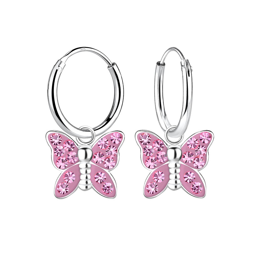925 Silver Jewelry | Silver Butterfly Crystal Charm Hoop Earrings - 10220
