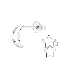 Wholesale Silver Moon and Star Stud Earrings