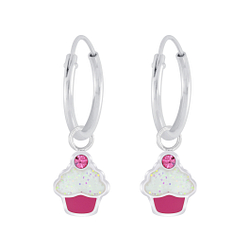 Wholesale Silver Cupcake Crystal Charm Hoop Earrings