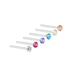 Wholesale 2mm Multi Color Crystal Silver Nose Stud Set - 6 Pack