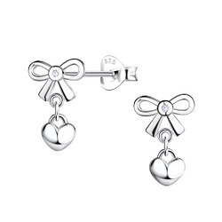 Wholesale Silver Bow Stud Earrings with Hanging Heart