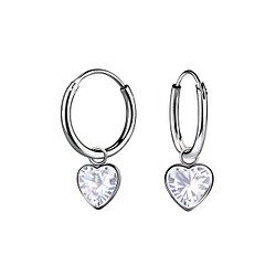 Wholesale 6mm Heart Cubic Zirconia Silver Charm Hoop Earrings