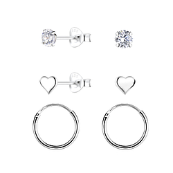 Wholesale Silver Heart Stud and Hoop Earrings Set
