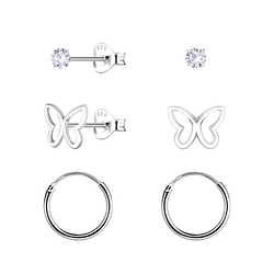 Wholesale Silver Butterfly Stud and Hoop Earrings Set