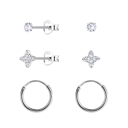 Wholesale Silver Flower Stud and Hoop Earrings Set