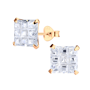 Wholesale 8mm Square Checkerboard Cubic Zirconia Silver Stud Earrings
