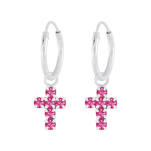 Wholesale Silver Cross Crystal Charm Hoop Earrings