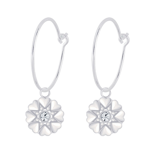 Wholesale Silver Flower Crystal Charm Hoop Earrings